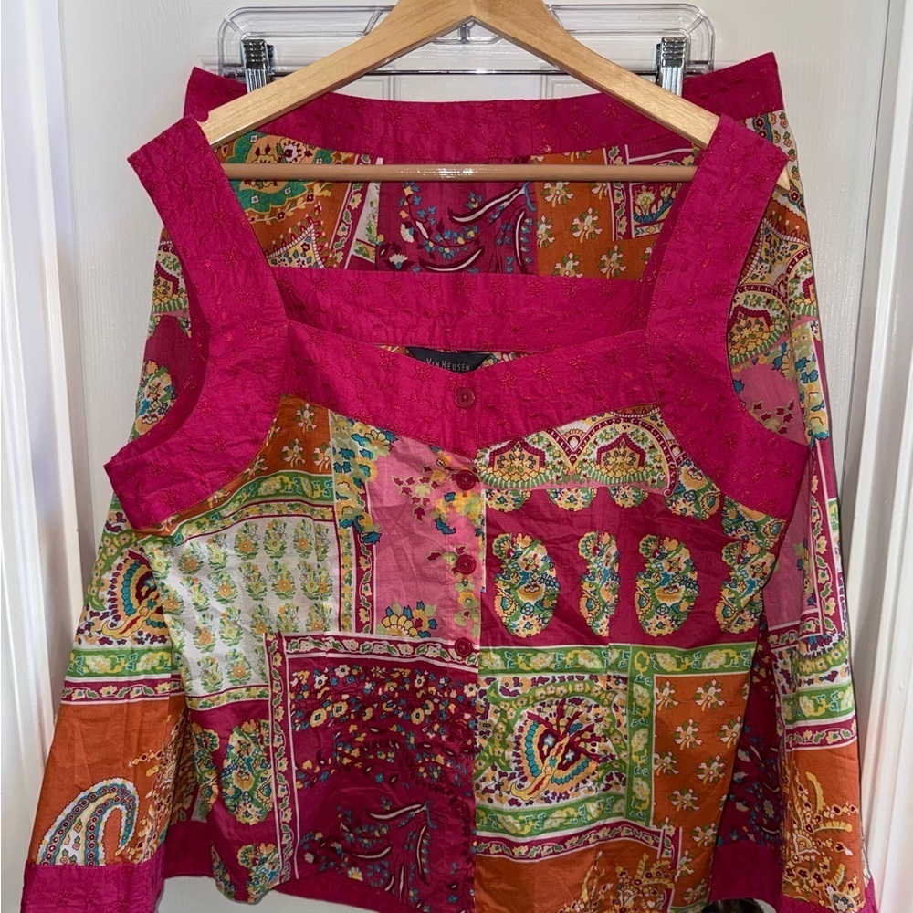 Van Huesen Top & Skirt Tropical NWT L Vibrant Multi Colors Vacation Island Artsy